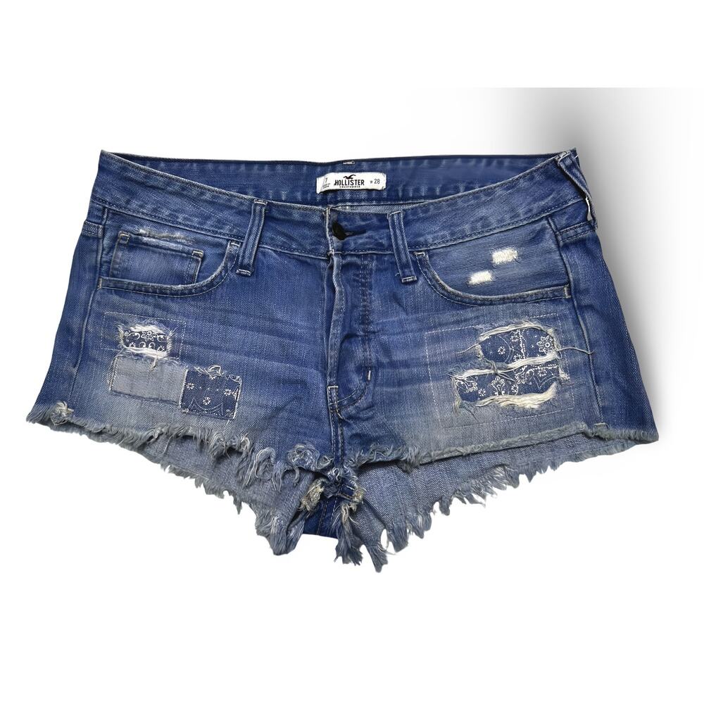 Hollister Distressed Frayed Hem & Bandana Patch Cutoff Denim Shorts W/28 Size 7